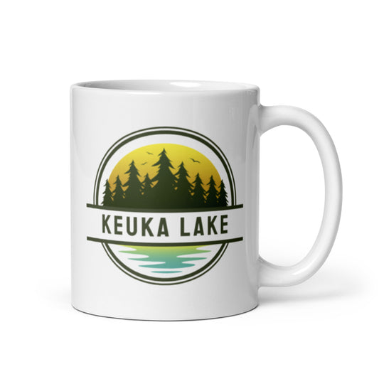 White glossy mug - Keuka Lake yellow & blue