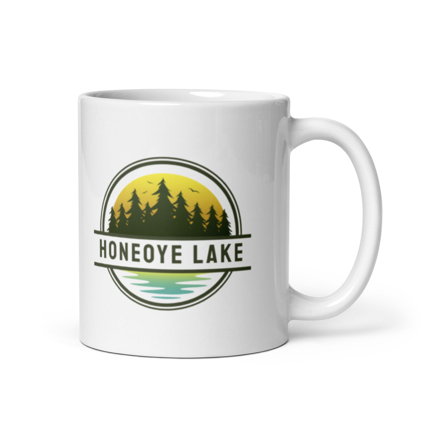 White glossy mug - Honeoye Lake yellow & blue