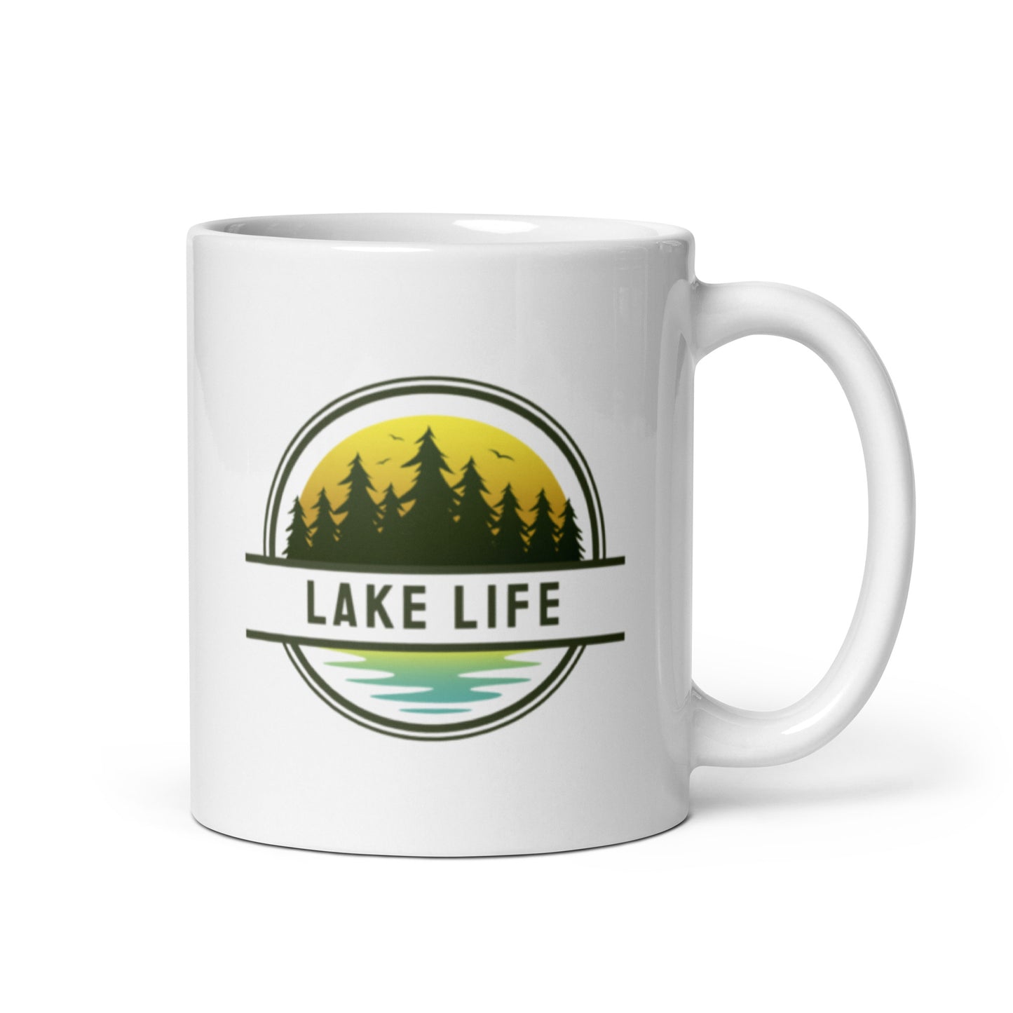 White glossy mug - Lake Life yellow & blue