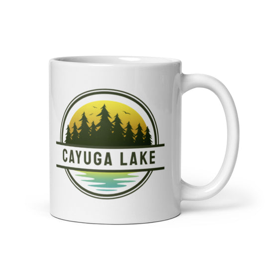 White glossy mug - Cayuga Lake yellow & blue