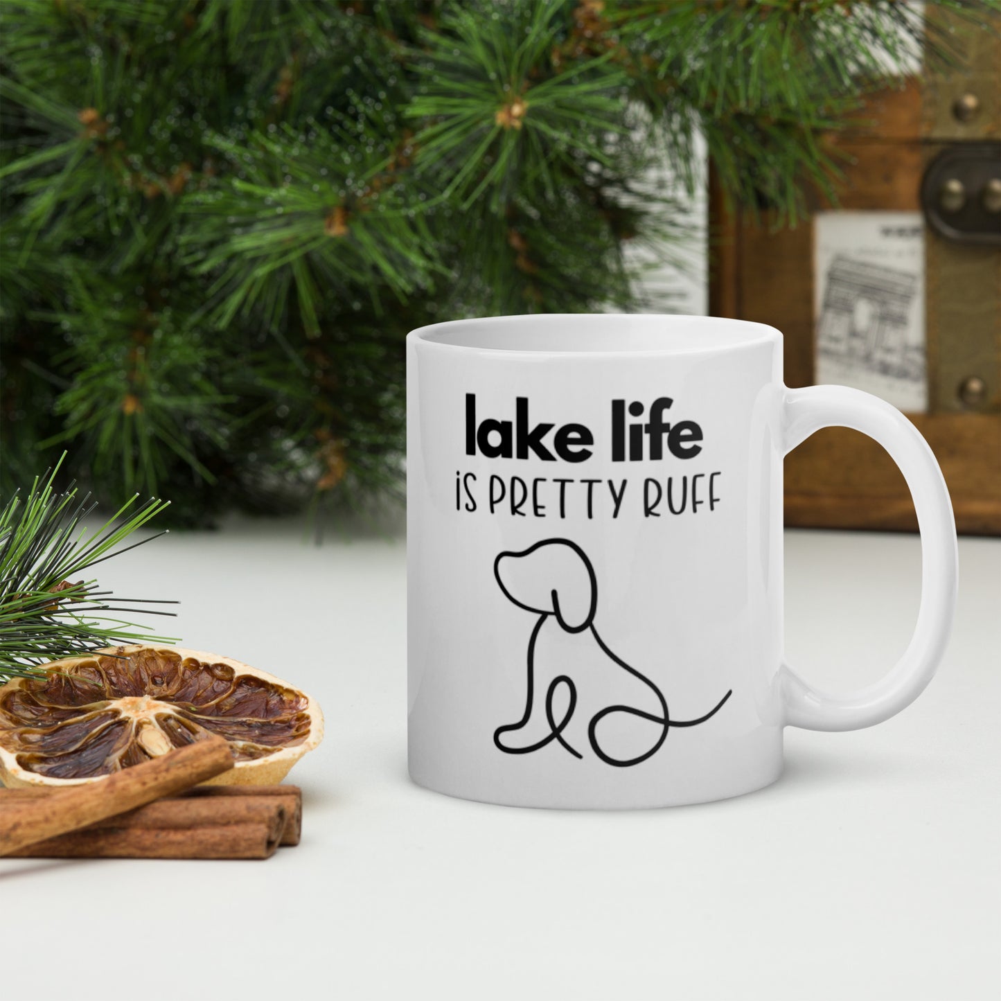 Lake Life is Pretty Ruff white glossy mug, if you love dogs and lakes then this mug is for you.  Featuring an adorable line drawing of a dog in black with a white background.