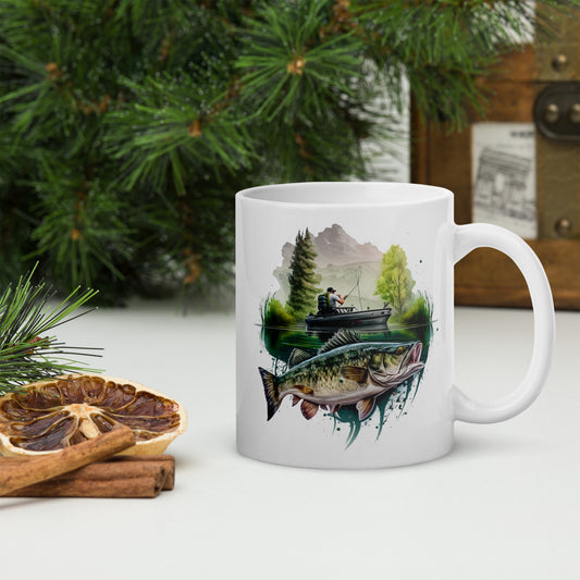 There's Always a Bigger Fish white glossy mug, featuring a fisherman and walleye