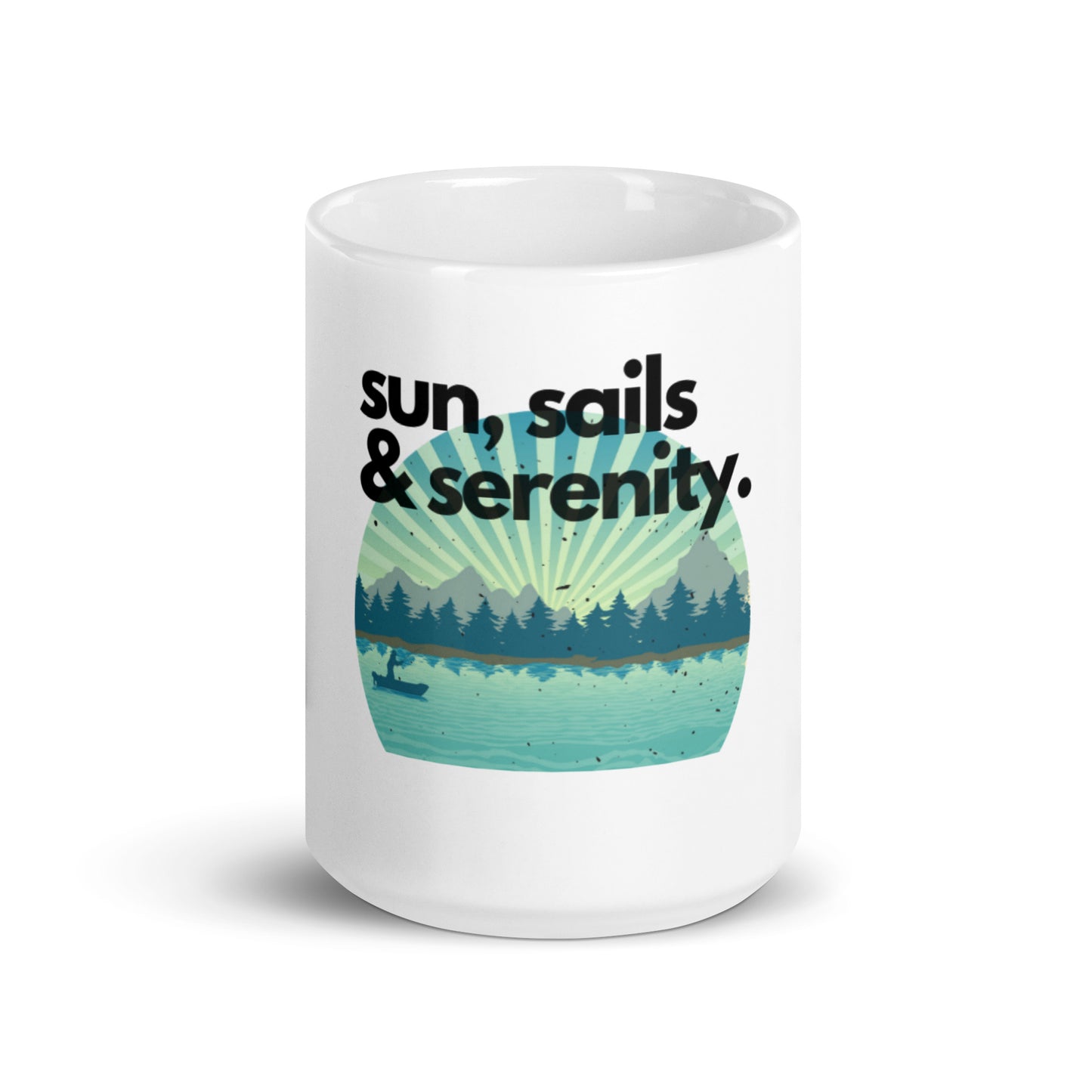 White glossy mug - Sun, Sails & Serenity