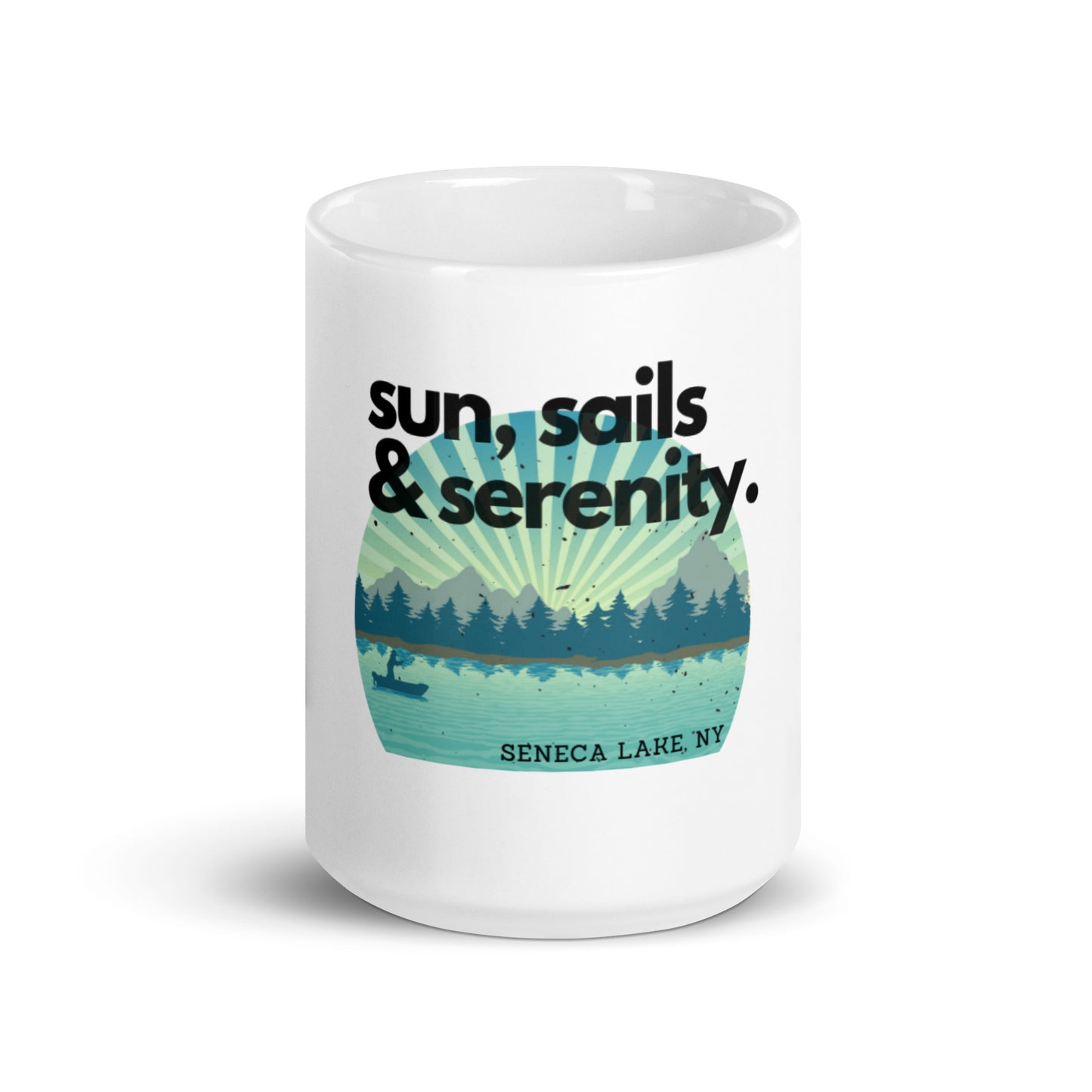 White glossy mug - Seneca Lake Sun, Sails, Serenity