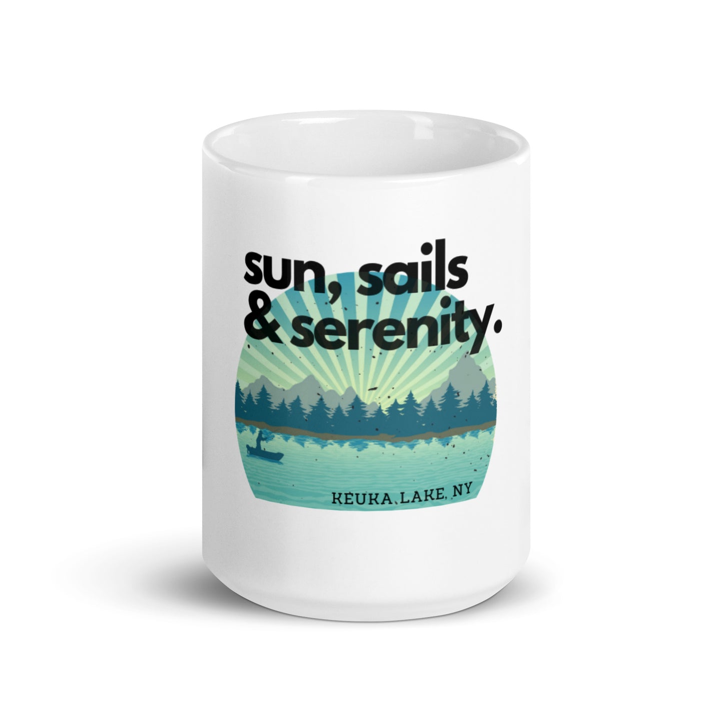 White glossy mug - Keuka Lake Sun, Sails, Serenity