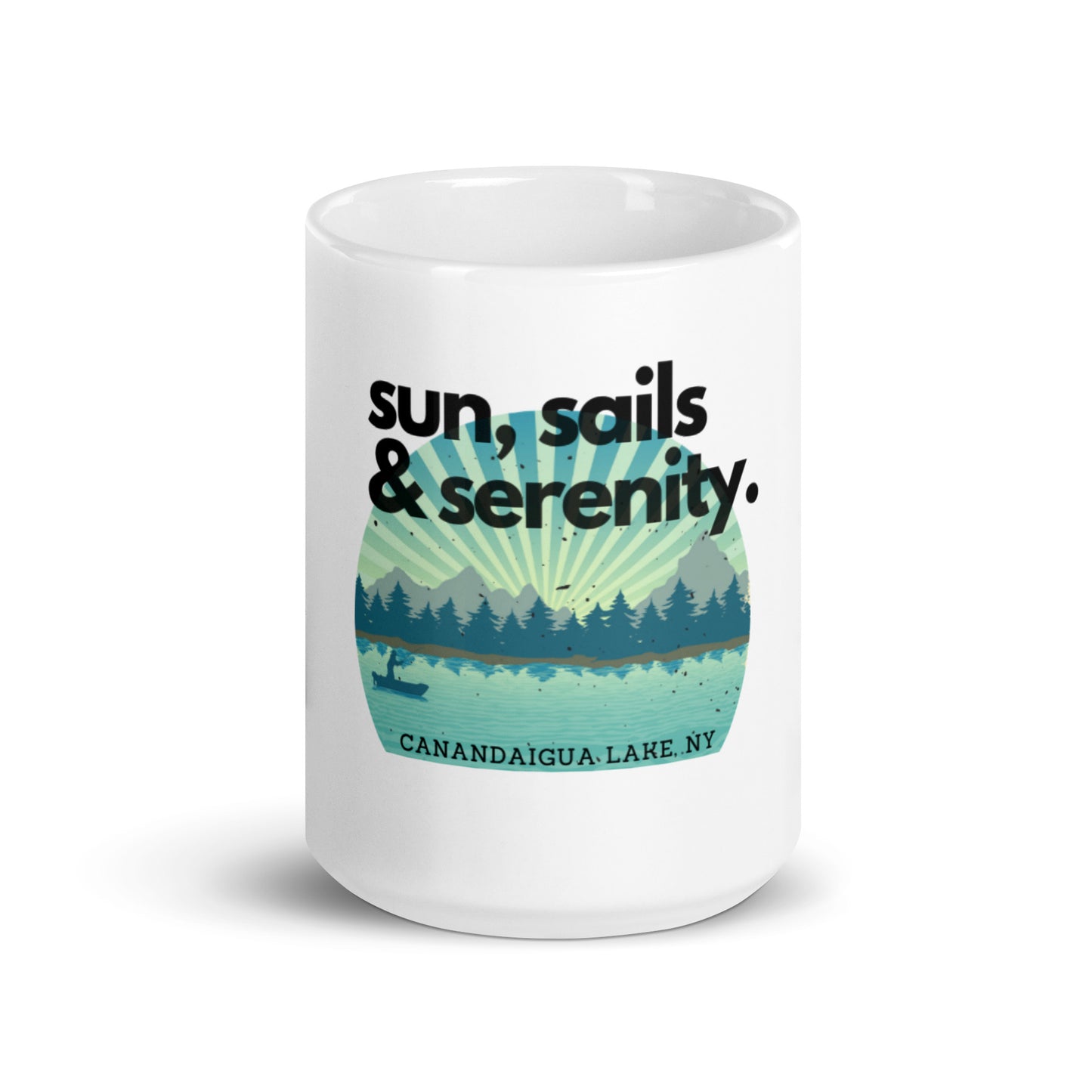 White glossy mug - Canandaigua Lake Sun, Sails, Serenity