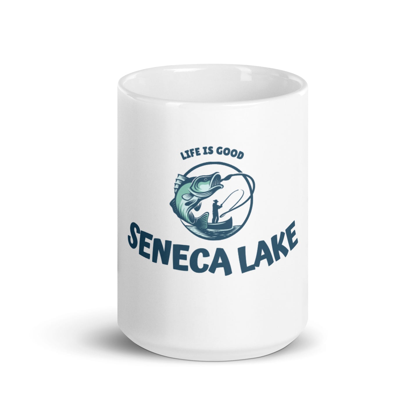 White glossy mug - Seneca Lake Life is Good fisherman