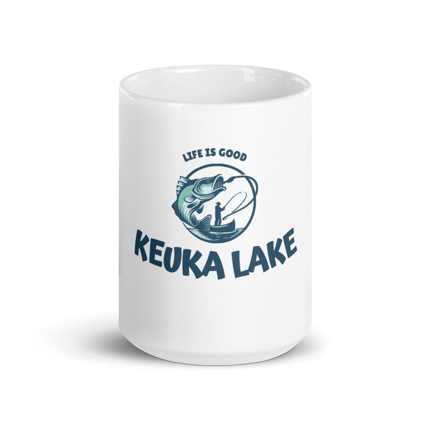 White glossy mug - Keuka Lake Life is Good fisherman