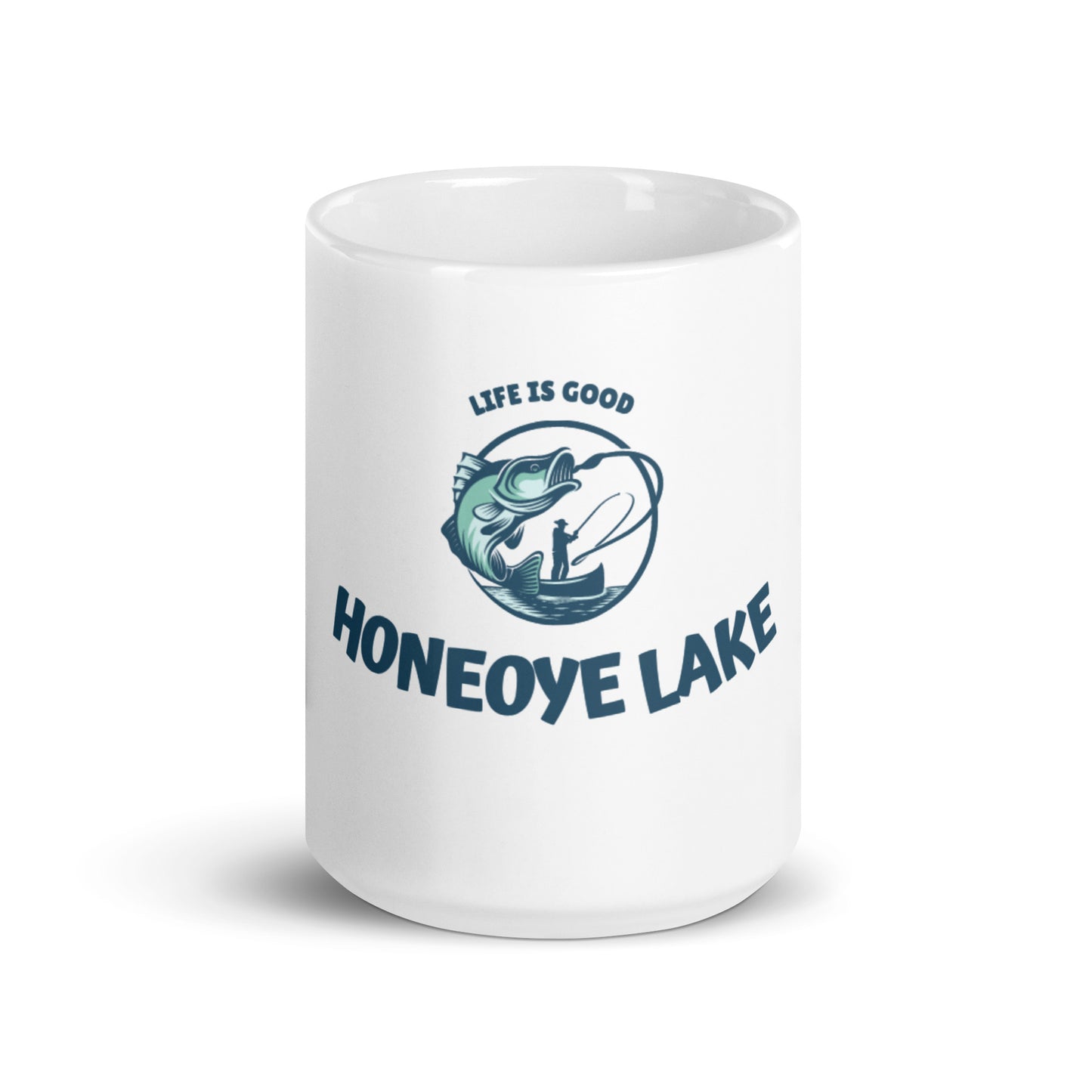 White glossy mug - Honeoye Lake Life is Good fisherman