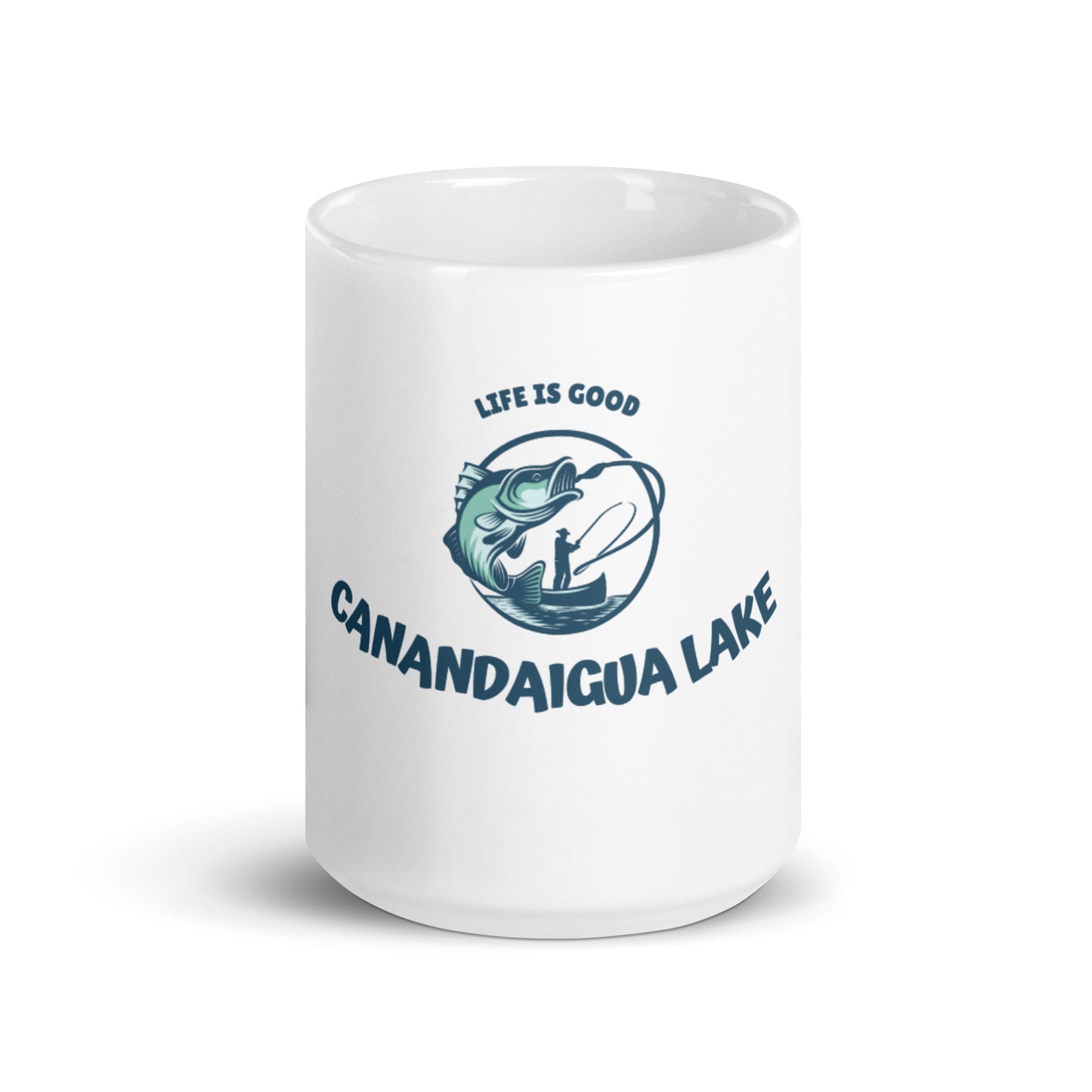 White glossy mug - Canandaigua Lake Life is Good fisherman