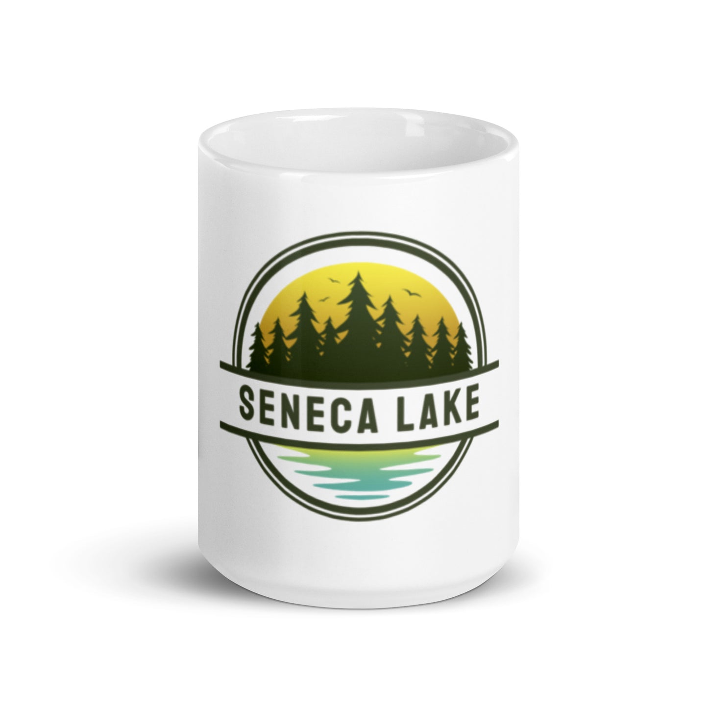 White glossy mug - Seneca Lake yellow & blue