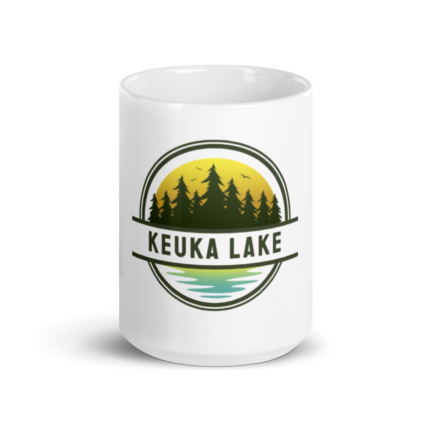 White glossy mug - Keuka Lake yellow & blue