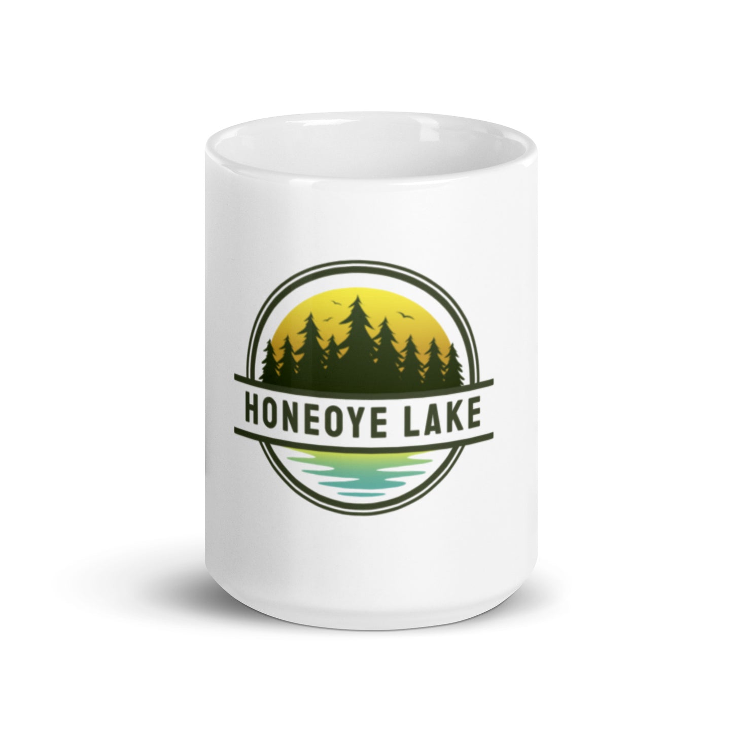 White glossy mug - Honeoye Lake yellow & blue