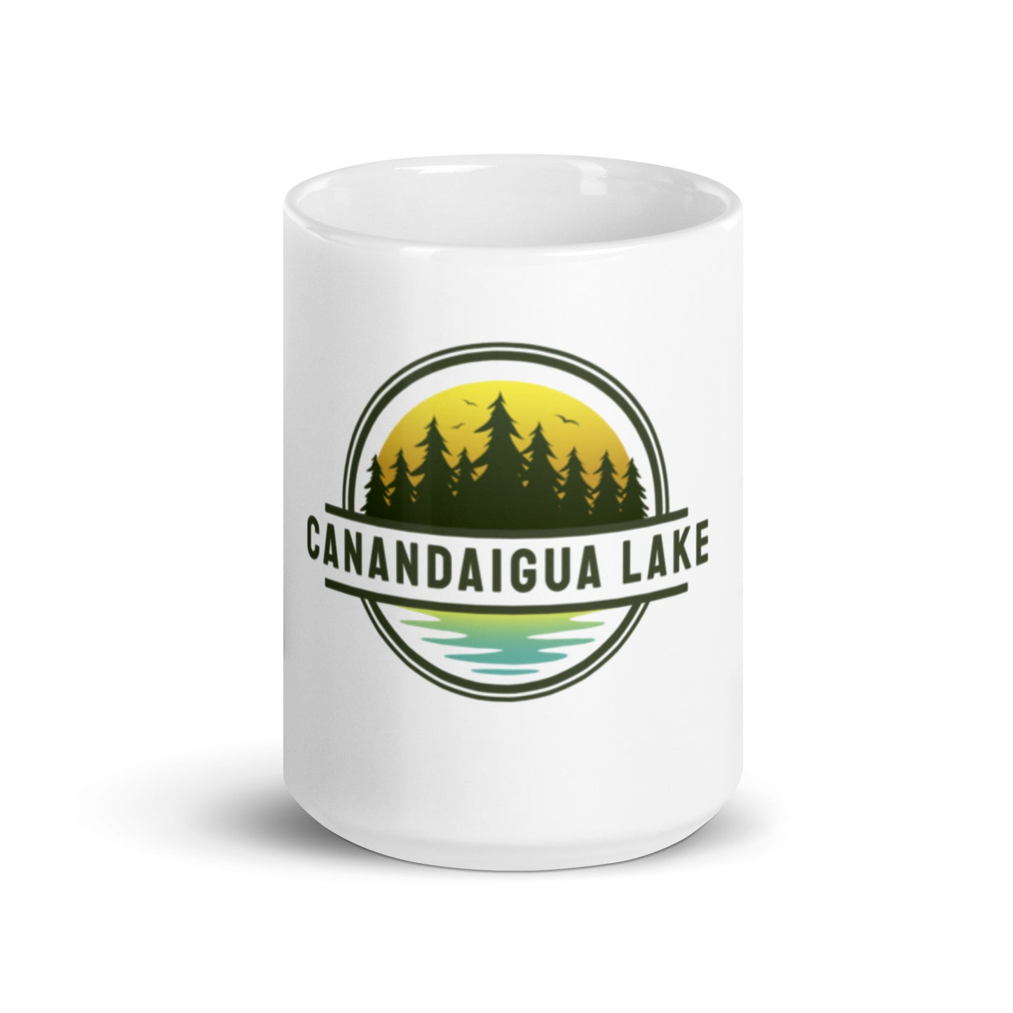 White glossy mug - Canandaigua Lake yellow & blue