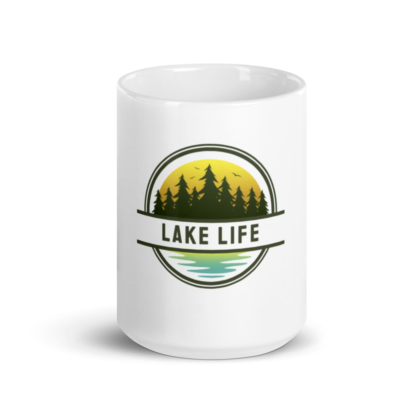 White glossy mug - Lake Life yellow & blue