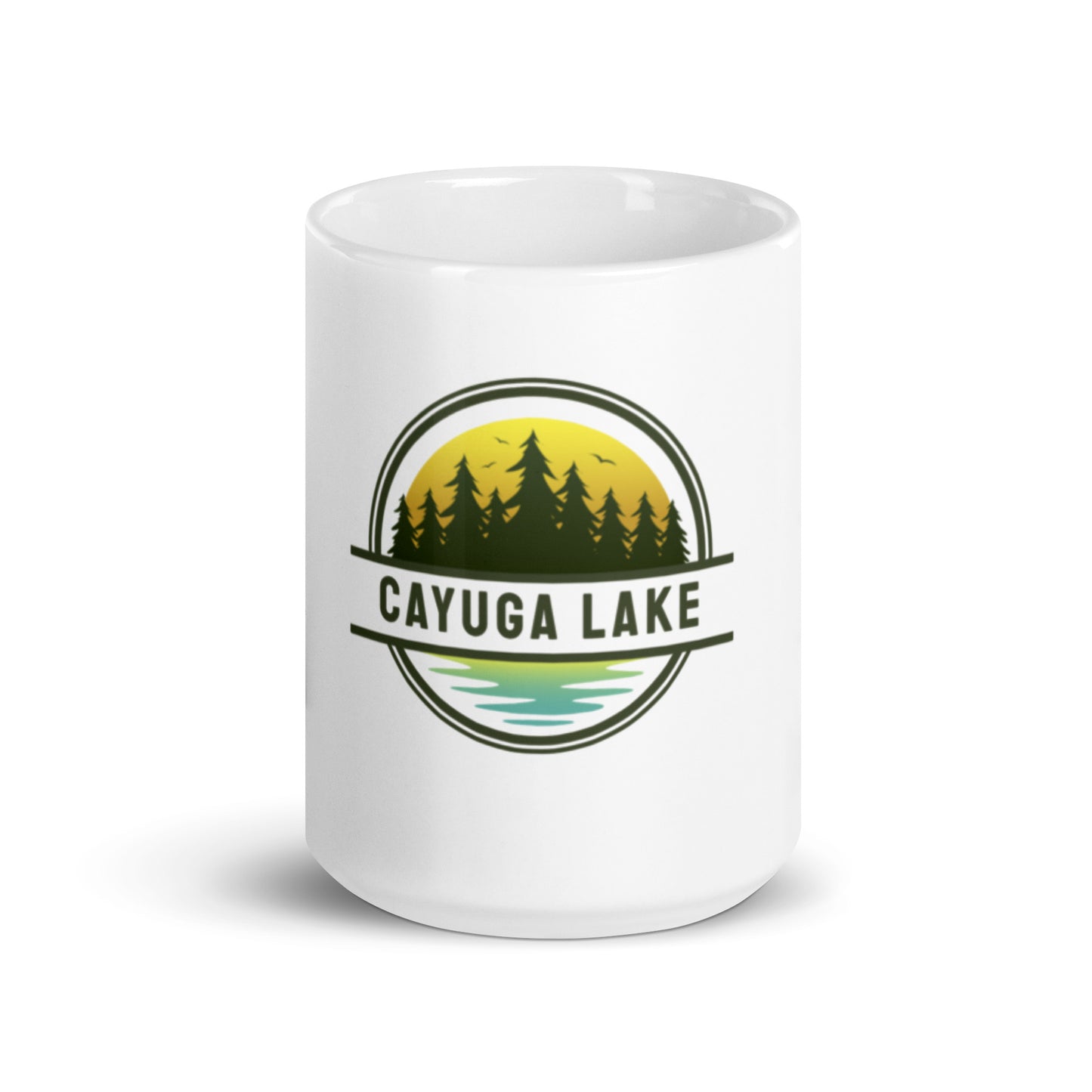 White glossy mug - Cayuga Lake yellow & blue