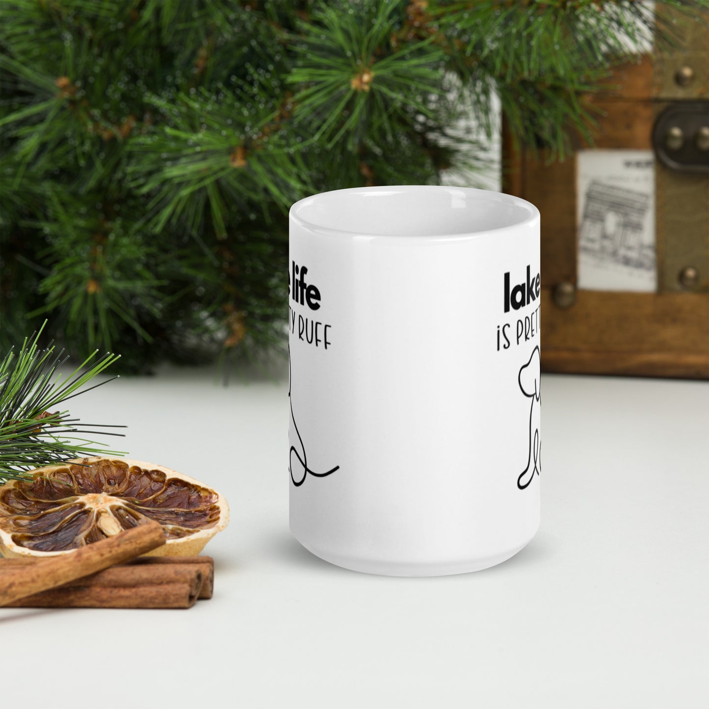 Lake Life is Pretty Ruff white glossy mug, if you love dogs and lakes then this mug is for you.  Featuring an adorable line drawing of a dog in black with a white background.