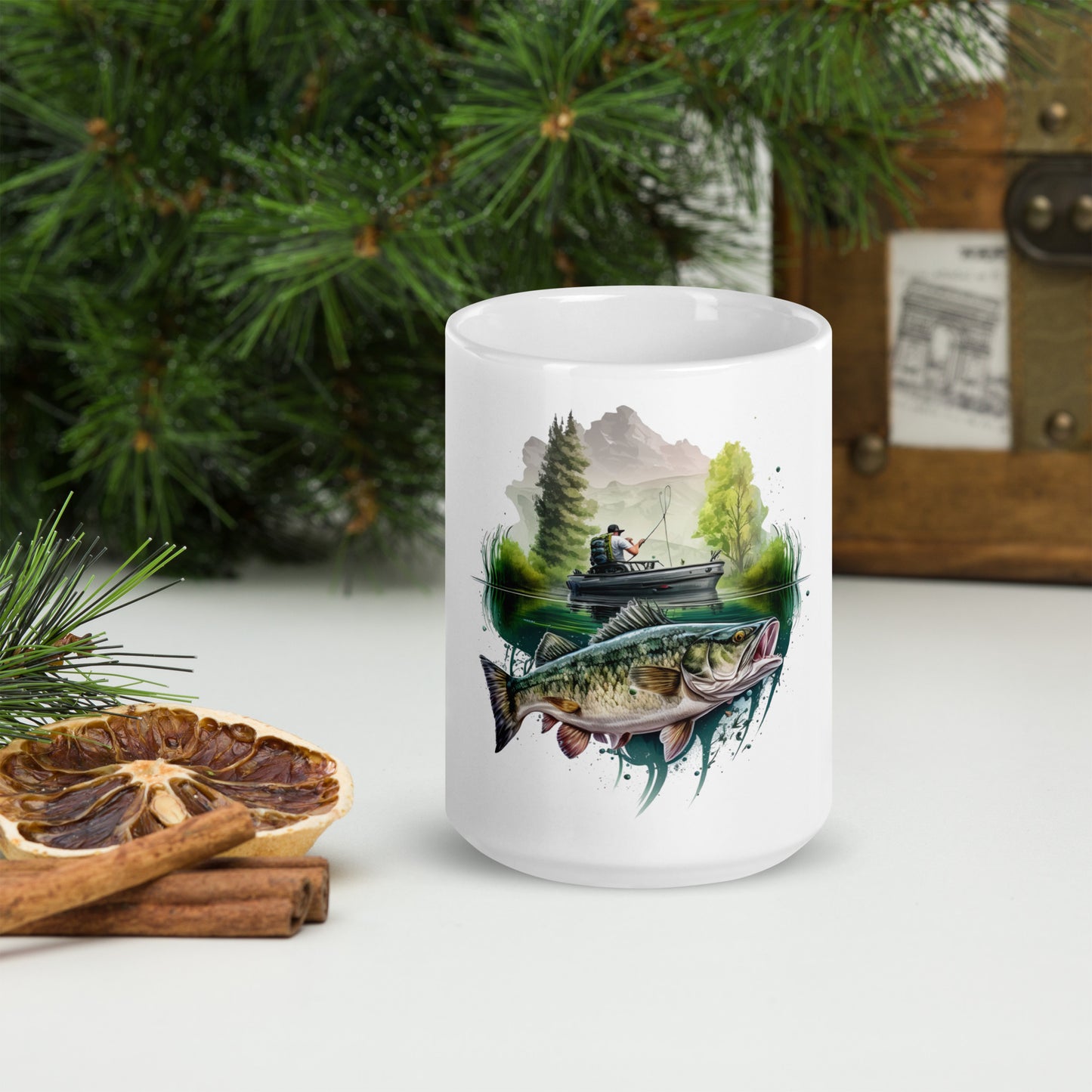 There's Always a Bigger Fish white glossy mug, featuring a fisherman and walleye