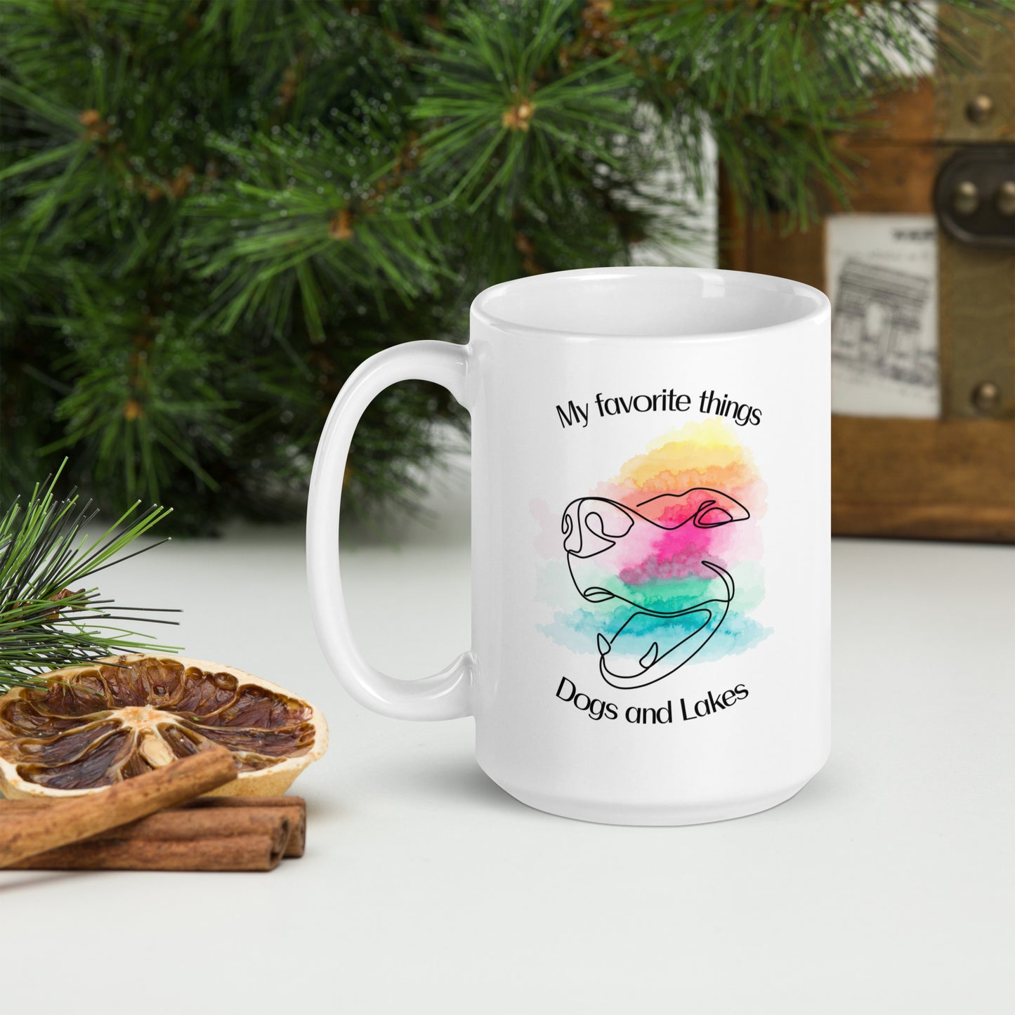 My favorite things ... Dogs and Lakes white glossy mug, if you love dogs and lakes then this mug is for you.  Featuring a line drawing of a cute dog face on multi-color watercolor back drop.