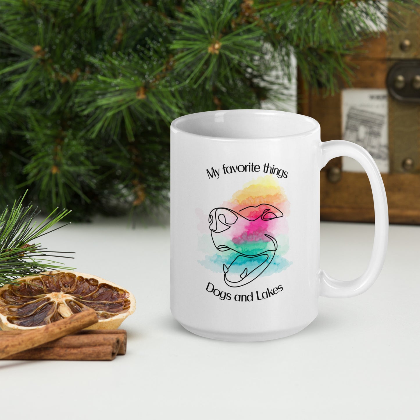 My favorite things ... Dogs and Lakes white glossy mug, if you love dogs and lakes then this mug is for you.  Featuring a line drawing of a cute dog face on multi-color watercolor back drop.