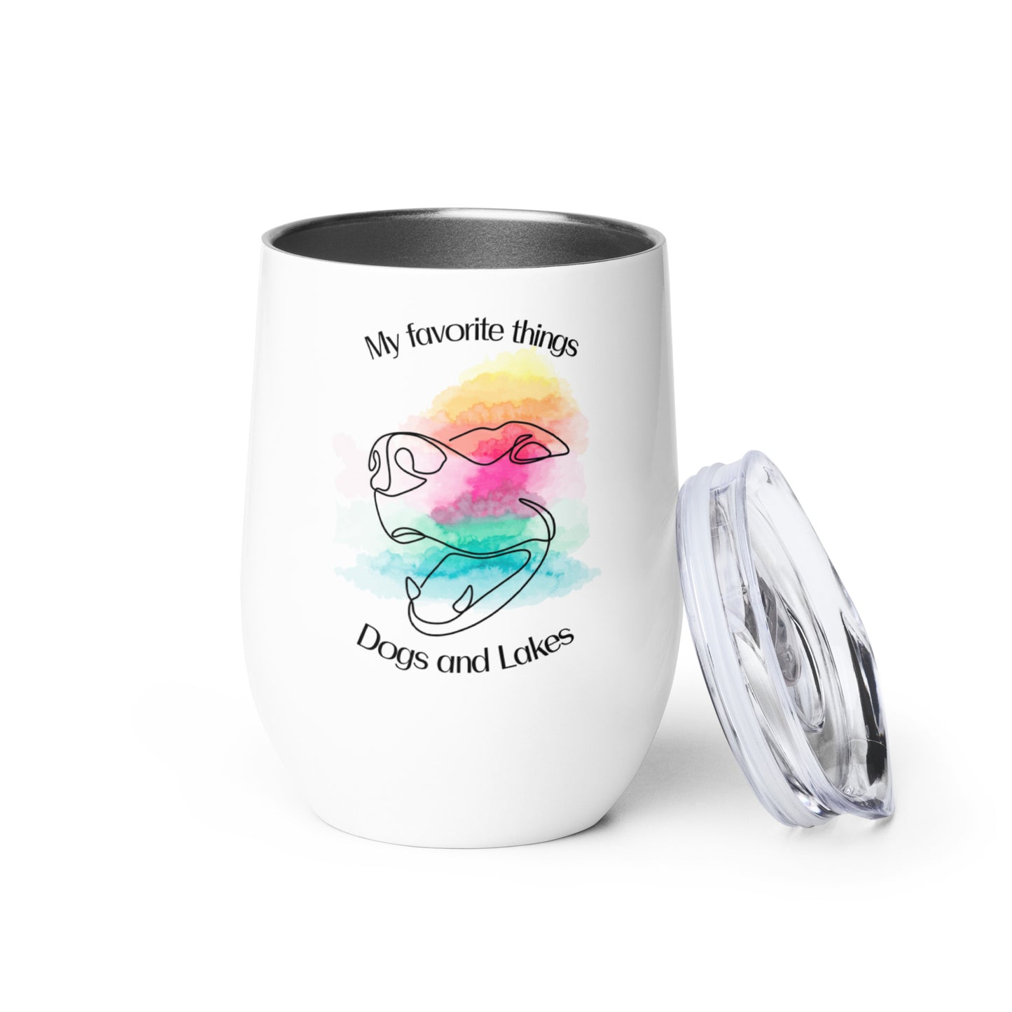 My favorite things ... dogs and lakes wine tumbler, if you love dogs and lakes then this wine tumbler is for you!  Featuring a cute dog face drawing in watercolors