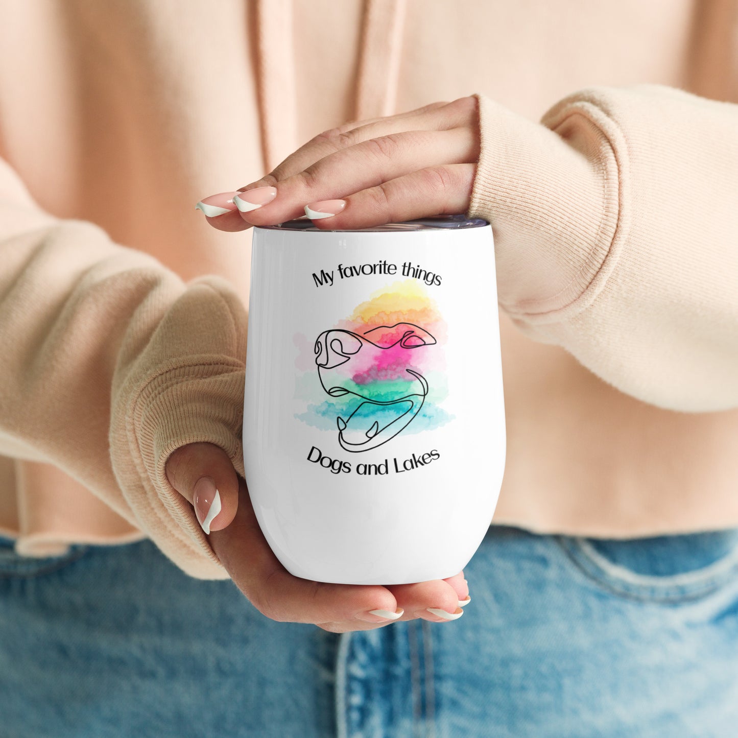 My favorite things ... dogs and lakes wine tumbler, if you love dogs and lakes then this wine tumbler is for you!  Featuring a cute dog face drawing in watercolors