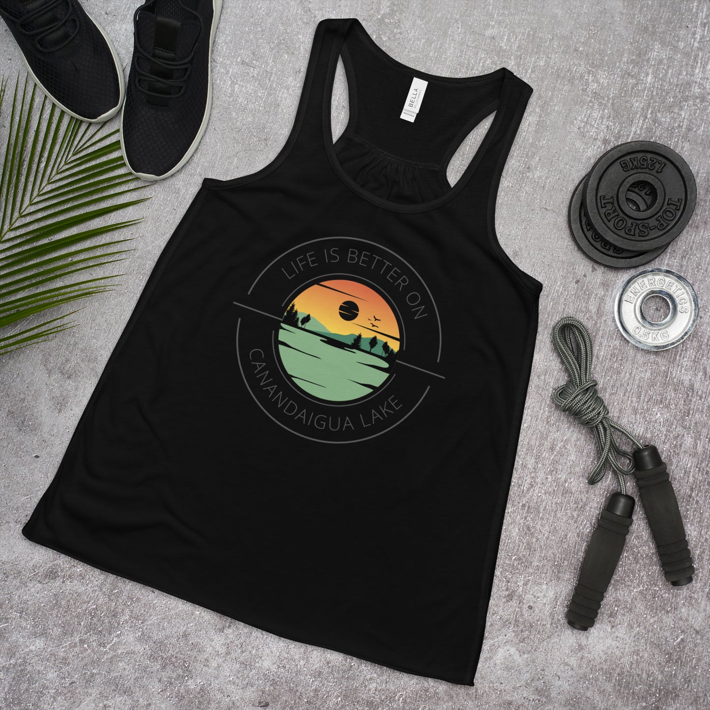 Women's Flowy Racerback Tank - Canandaigua Lake orange & green