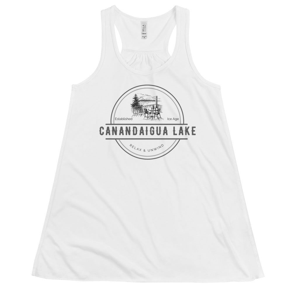 Women's Flowy Racerback Tank - Canandaigua Lake View from a Deck