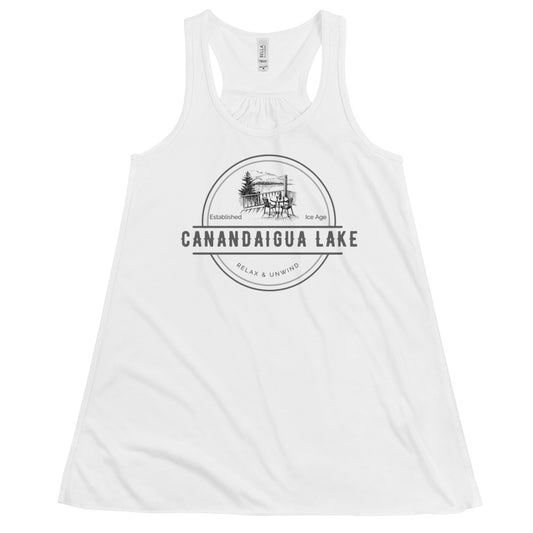 Women's Flowy Racerback Tank - Canandaigua Lake View from a Deck