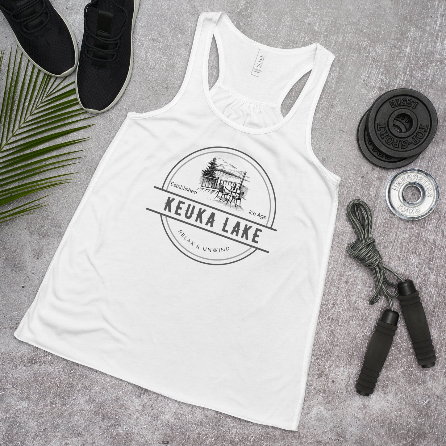 Women's Flowy Racerback Tank - Keuka Lake View from a Deck