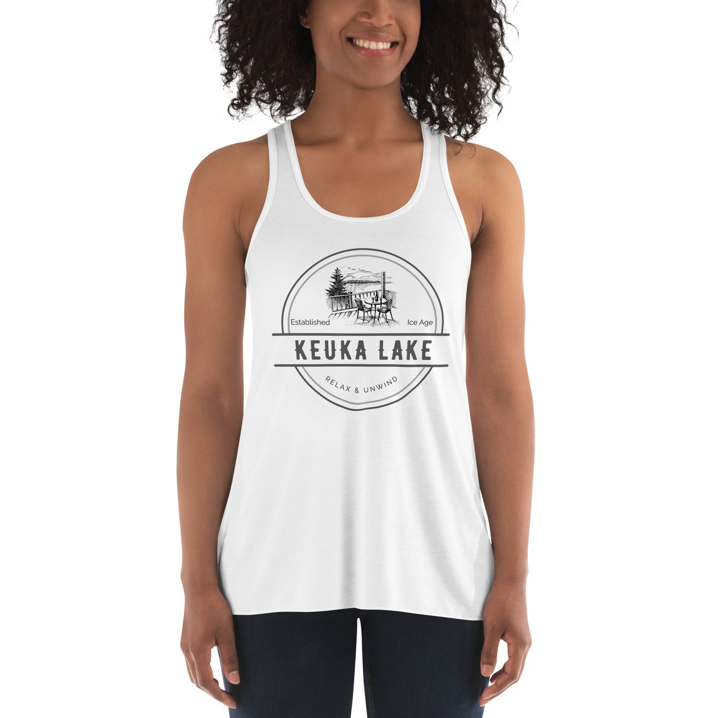 Women's Flowy Racerback Tank - Keuka Lake View from a Deck