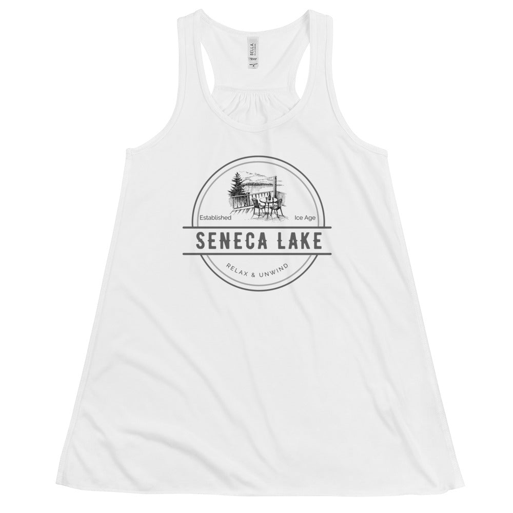 Women's Flowy Racerback Tank - Seneca Lake View from a Deck