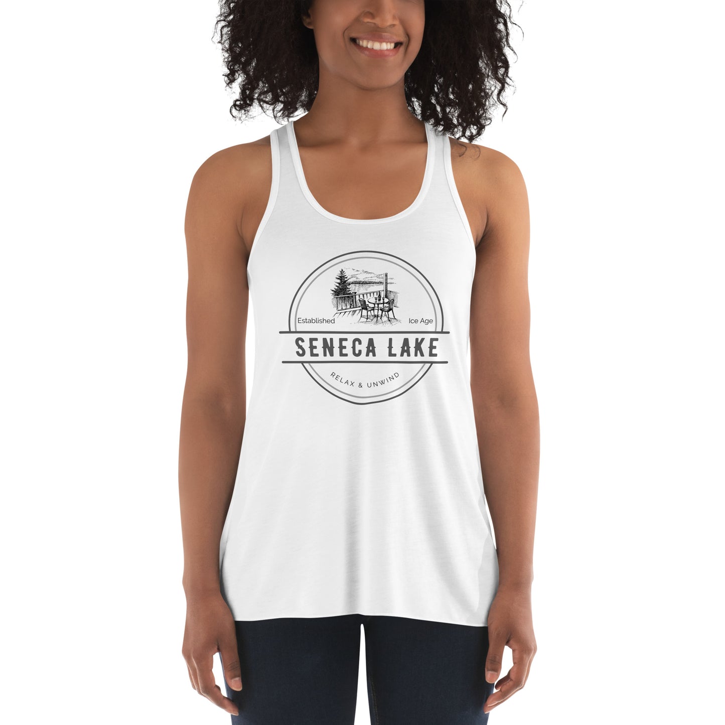 Women's Flowy Racerback Tank - Seneca Lake View from a Deck