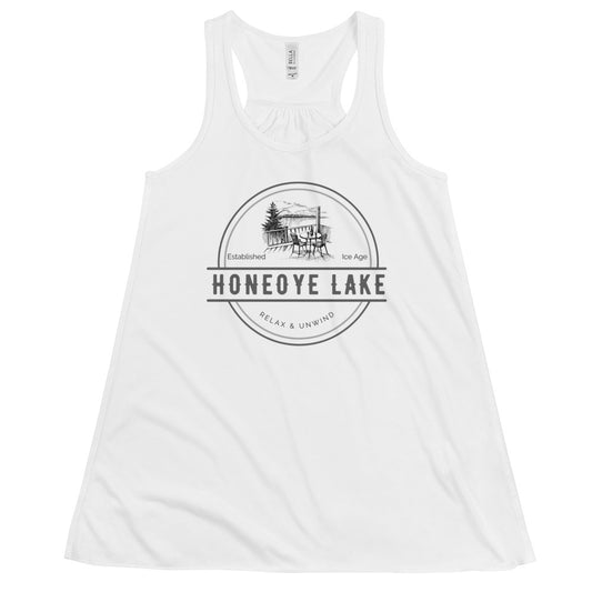 Women's Flowy Racerback Tank - Honeoye Lake View from a Deck