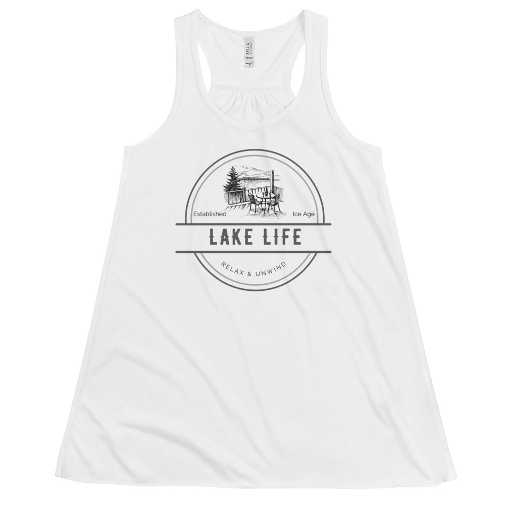 Women's Flowy Racerback Tank - Lake Life view from a deck