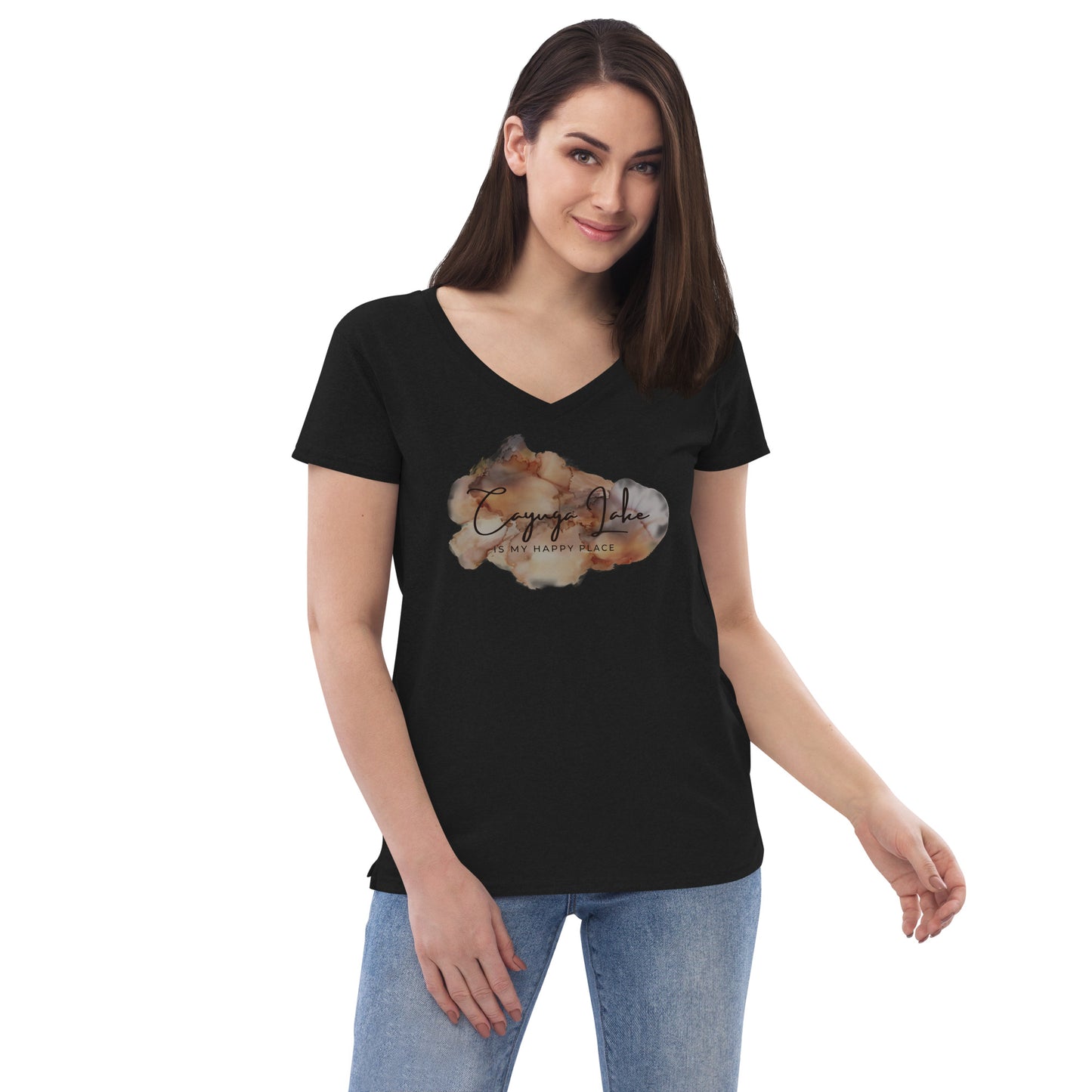 Women’s recycled v-neck t-shirt - Cayuga Lake is my happy place brown palatte