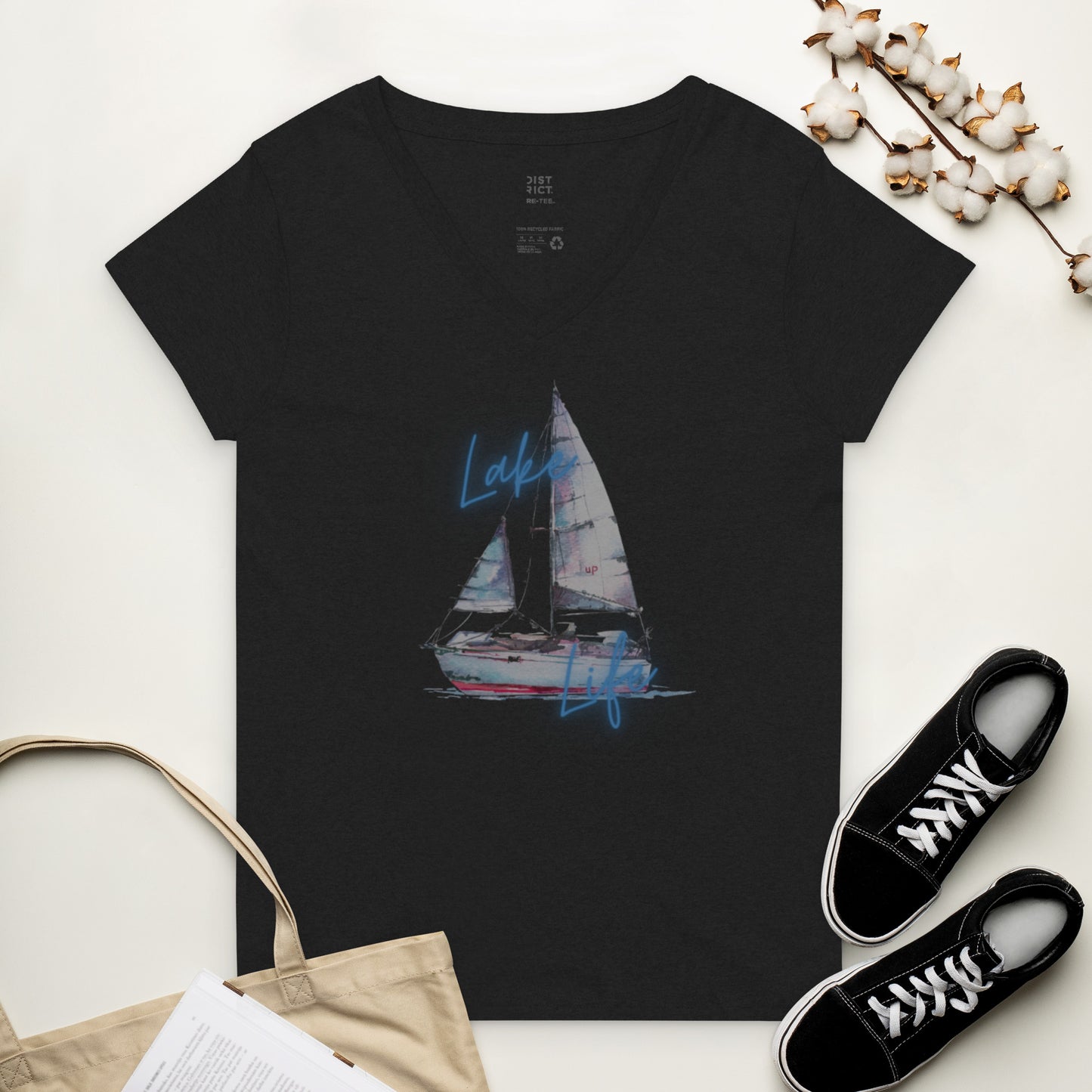 Women’s recycled v-neck t-shirt - Lake Life Sailboat 3