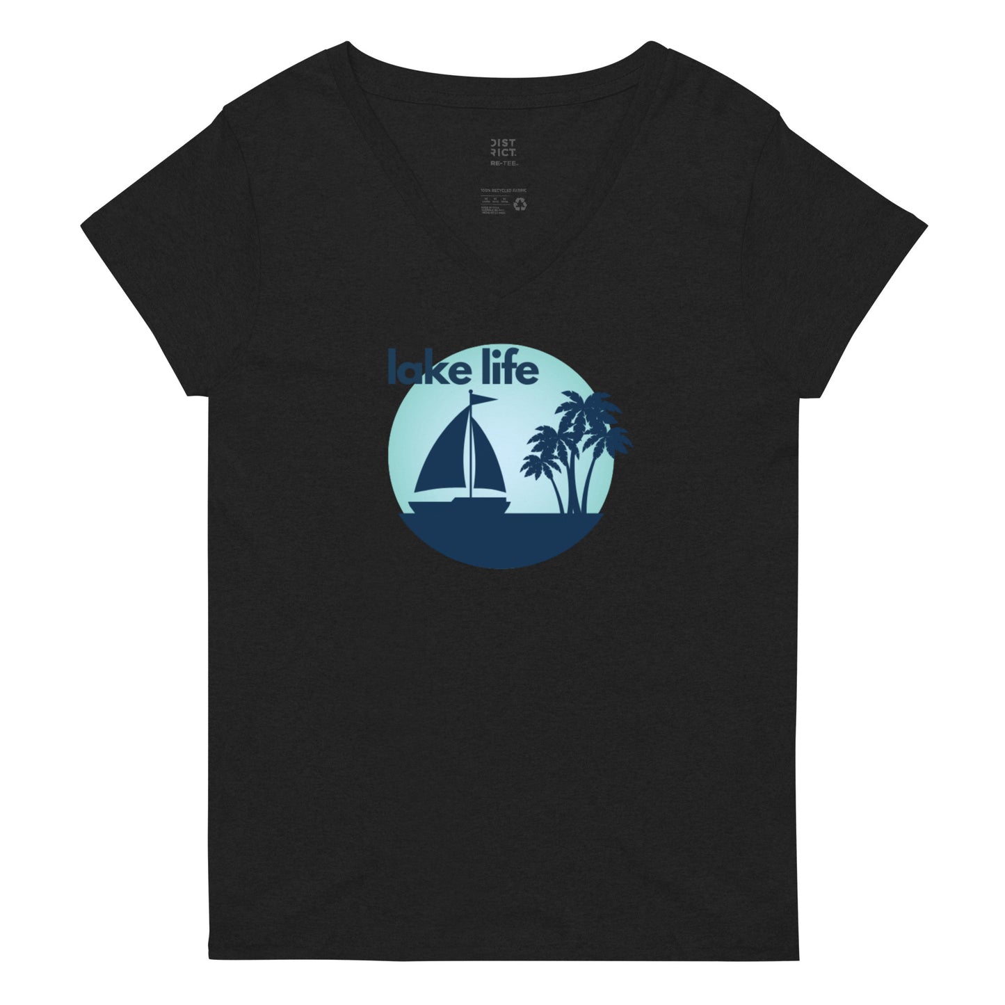 Women’s recycled v-neck t-shirt - Lake Life Sailboat & Palm Trees