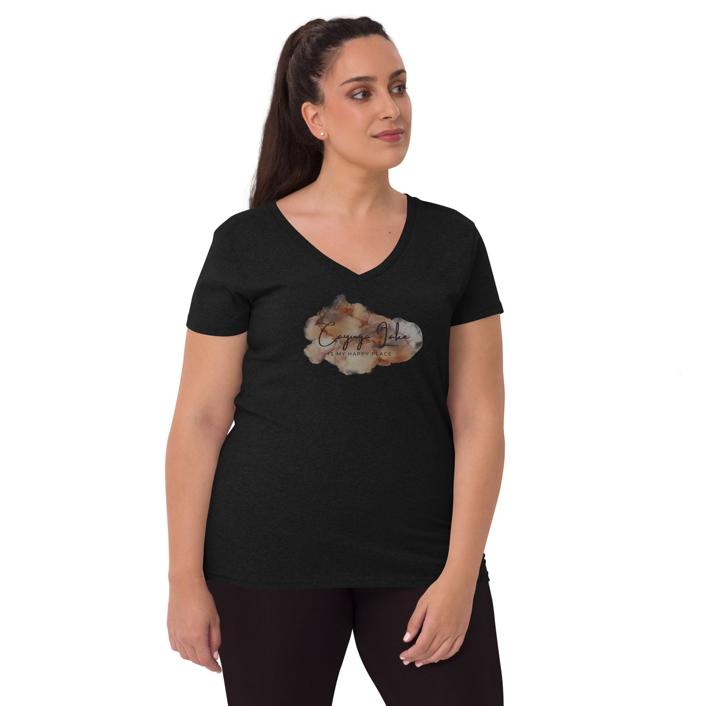 Women’s recycled v-neck t-shirt - Cayuga Lake is my happy place brown palatte