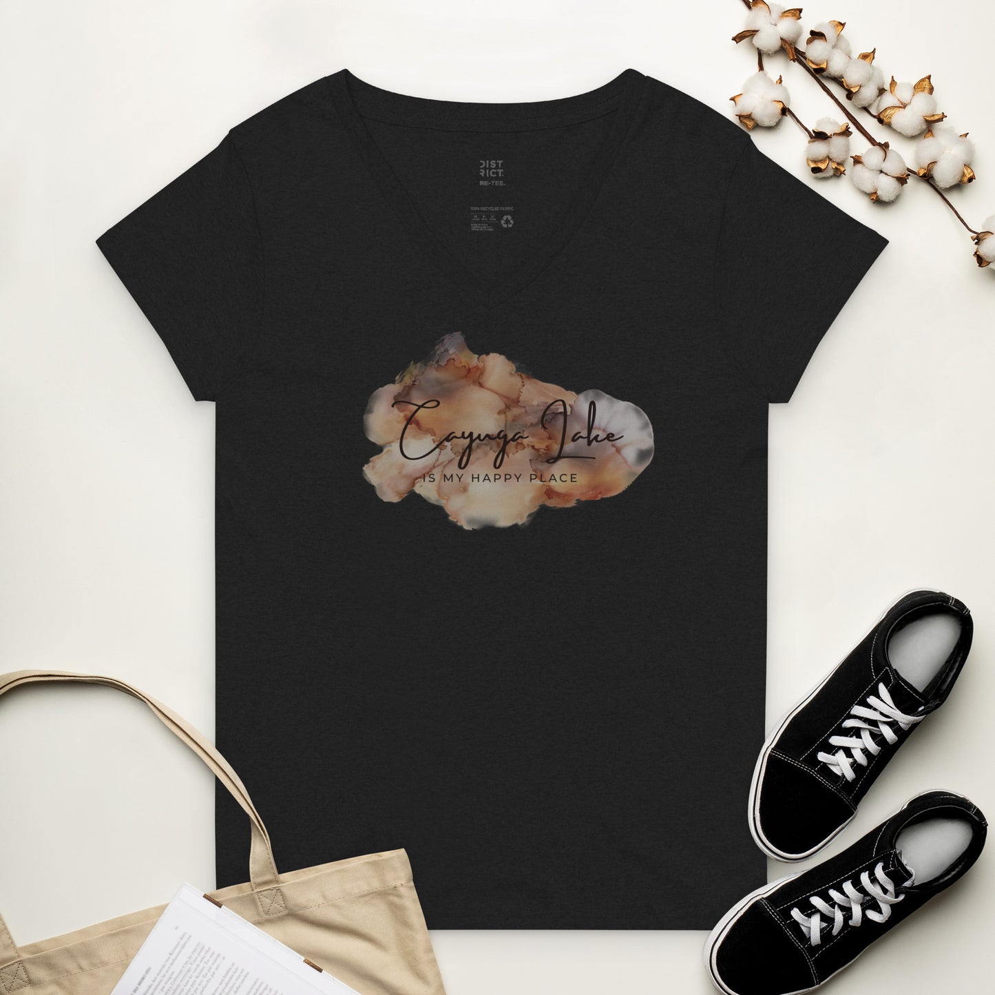 Women’s recycled v-neck t-shirt - Cayuga Lake is my happy place brown palatte