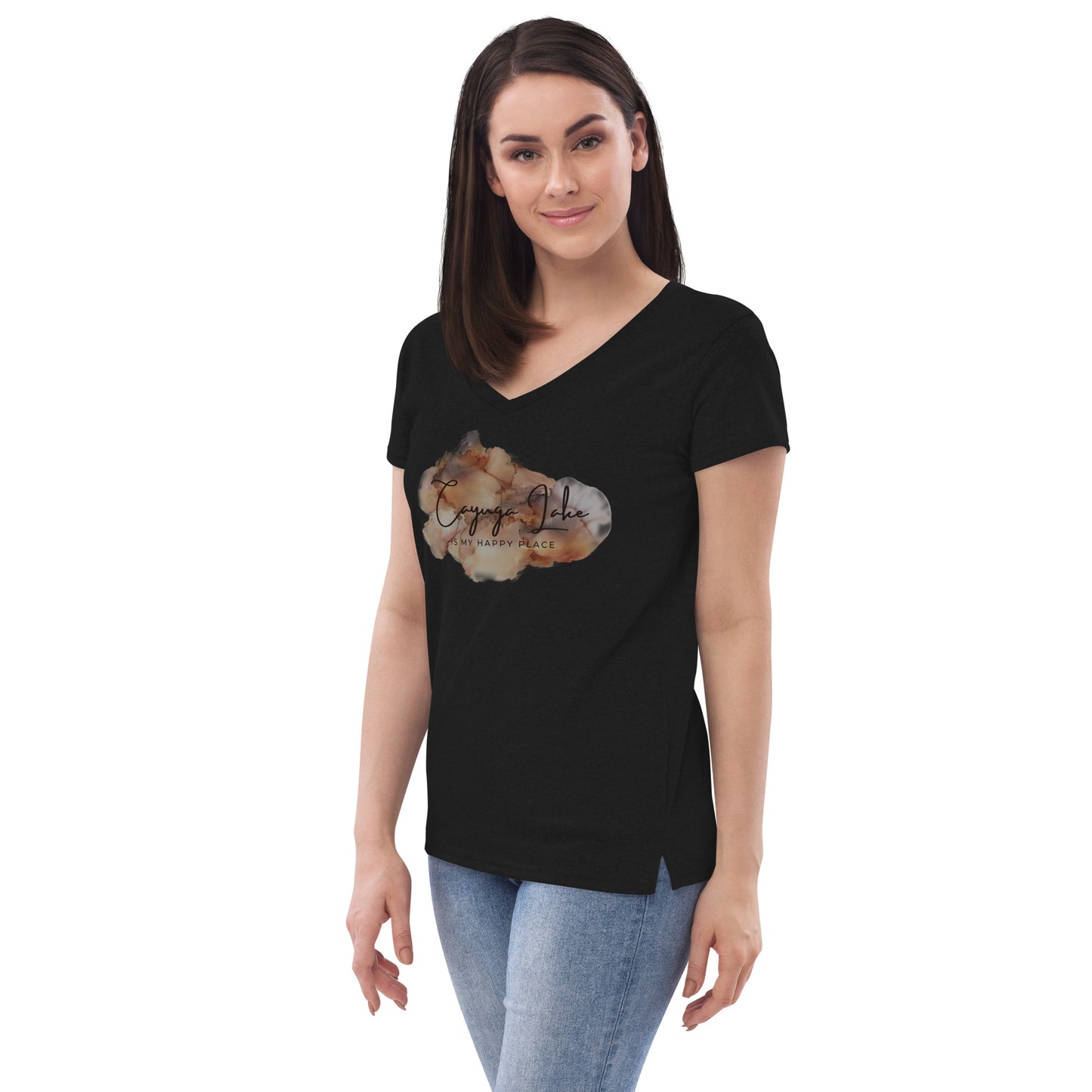 Women’s recycled v-neck t-shirt - Cayuga Lake is my happy place brown palatte