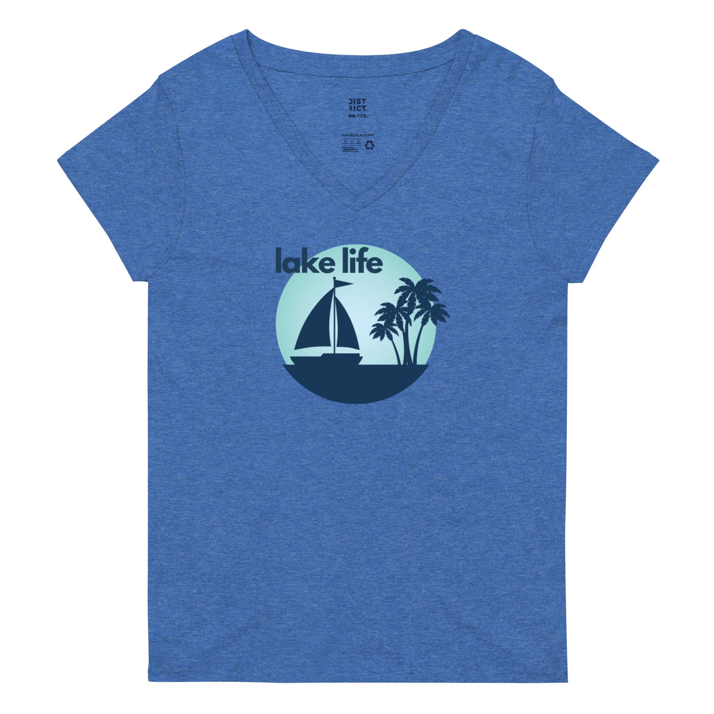 Women’s recycled v-neck t-shirt - Lake Life Sailboat & Palm Trees