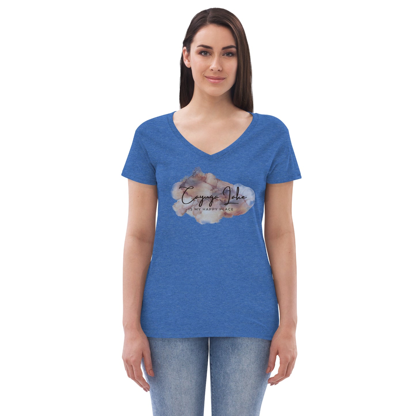 Women’s recycled v-neck t-shirt - Cayuga Lake is my happy place brown palatte