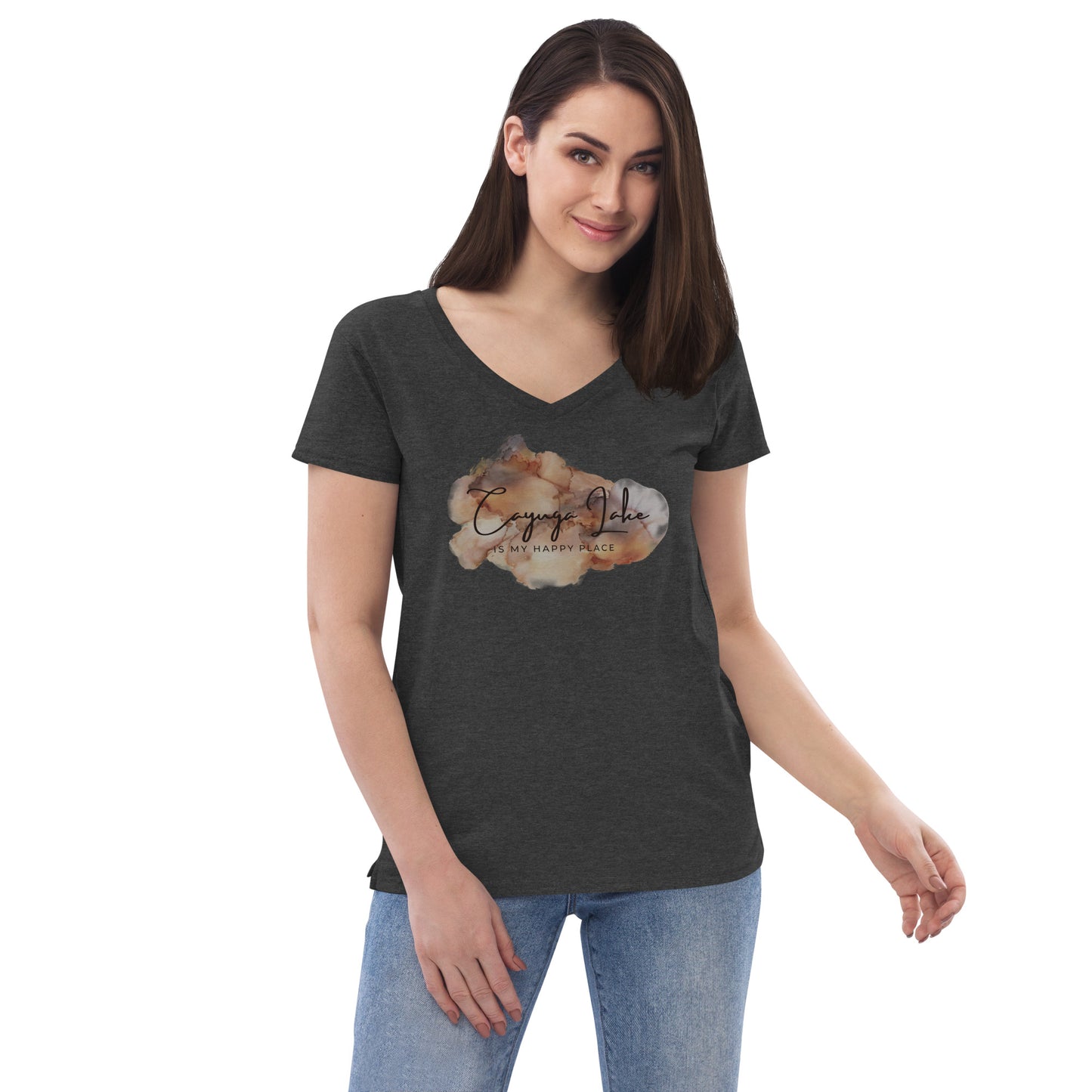 Women’s recycled v-neck t-shirt - Cayuga Lake is my happy place brown palatte