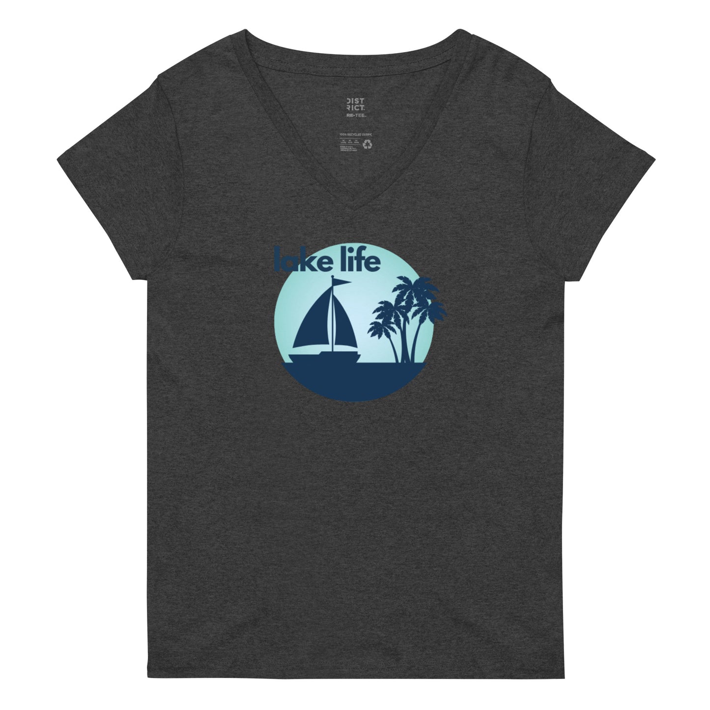 Women’s recycled v-neck t-shirt - Lake Life Sailboat & Palm Trees