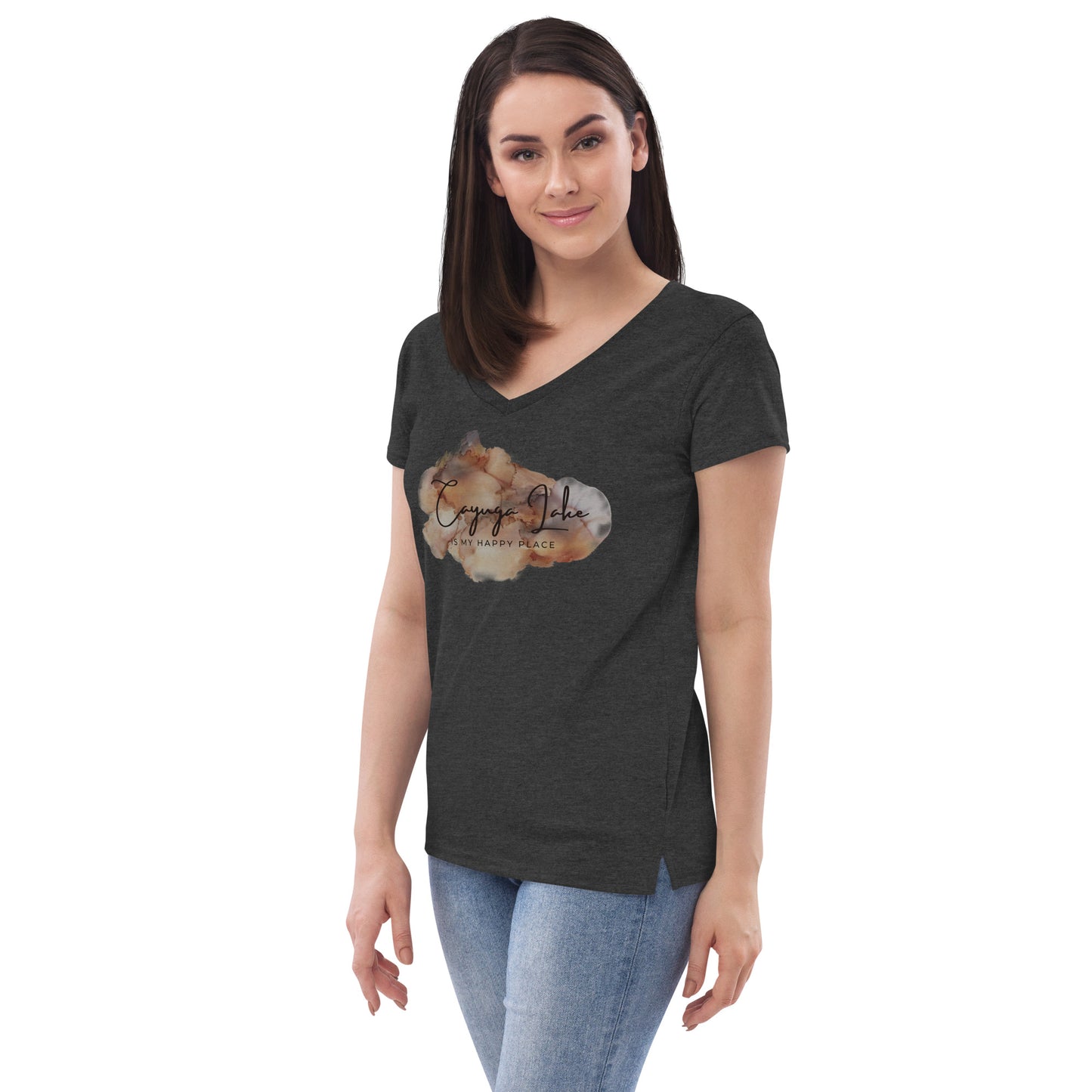 Women’s recycled v-neck t-shirt - Cayuga Lake is my happy place brown palatte