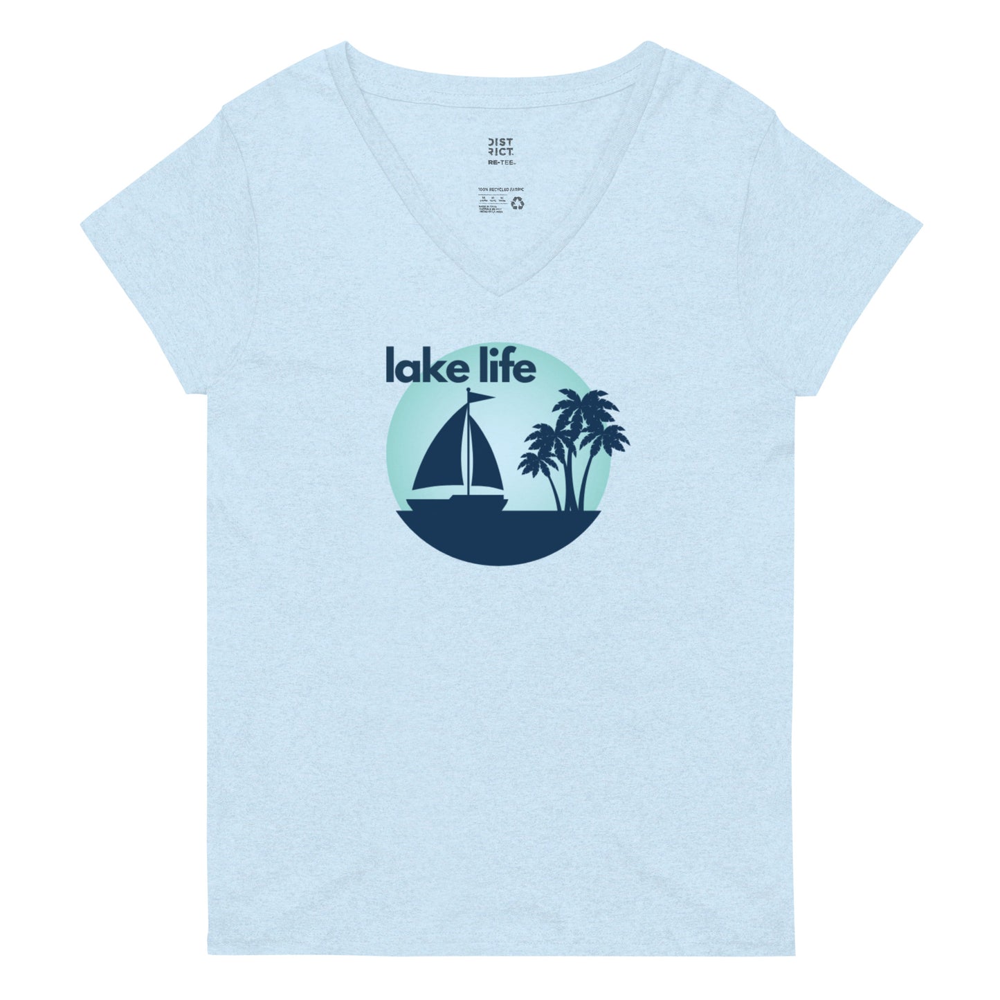 Women’s recycled v-neck t-shirt - Lake Life Sailboat & Palm Trees