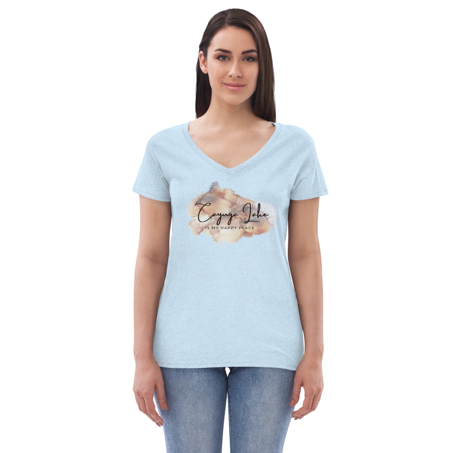 Women’s recycled v-neck t-shirt - Cayuga Lake is my happy place brown palatte