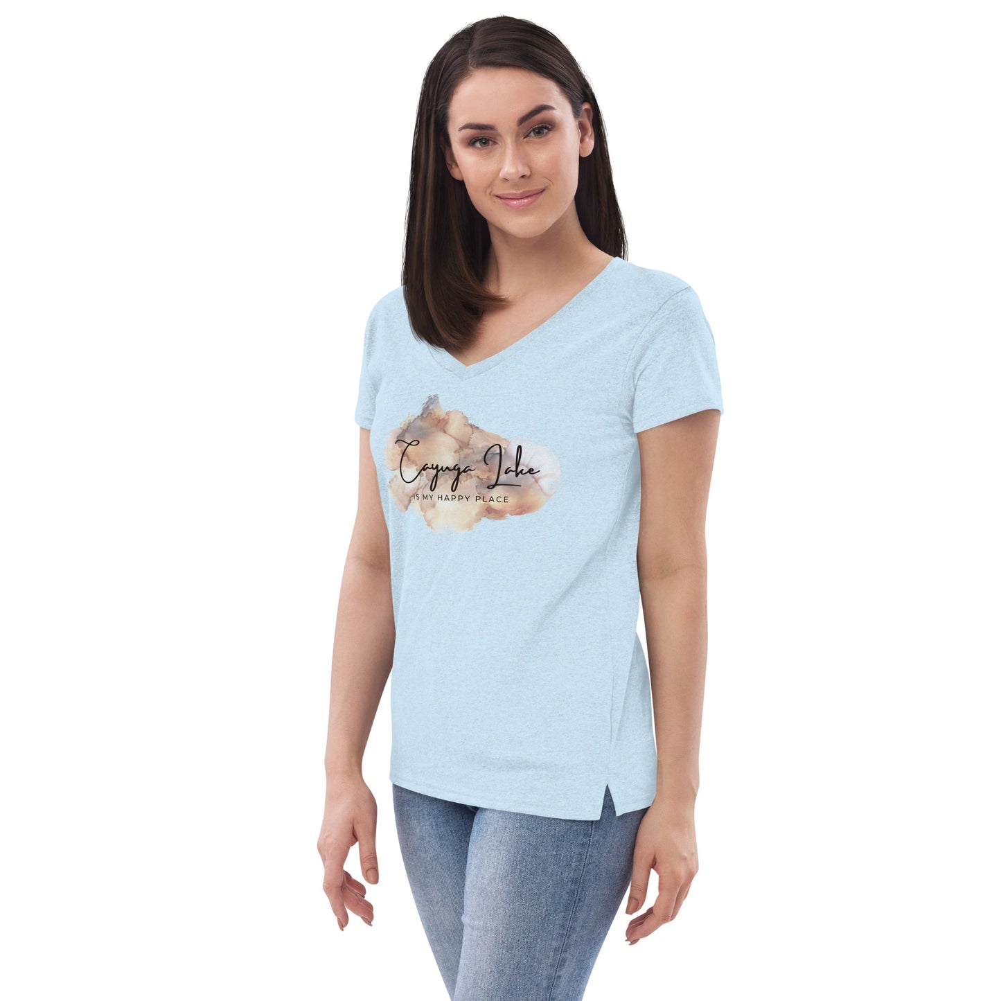 Women’s recycled v-neck t-shirt - Cayuga Lake is my happy place brown palatte