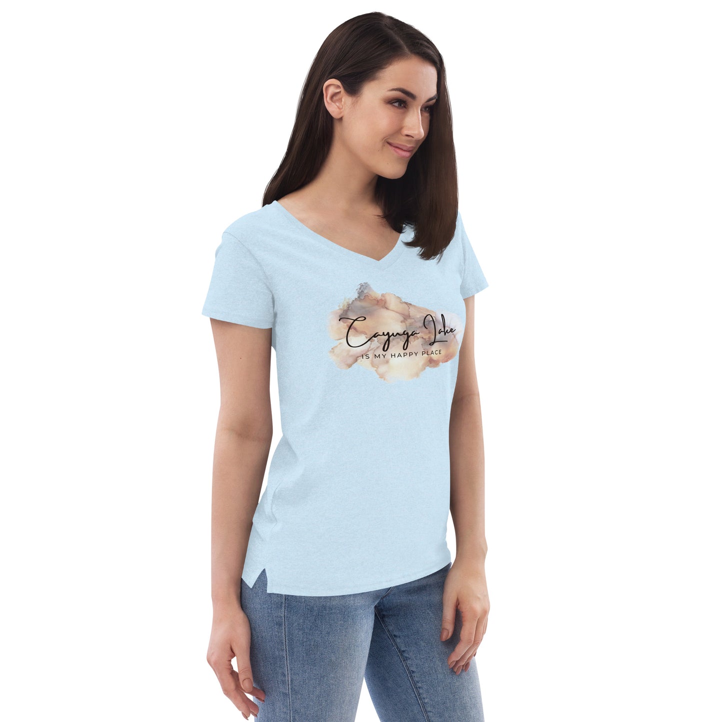 Women’s recycled v-neck t-shirt - Cayuga Lake is my happy place brown palatte